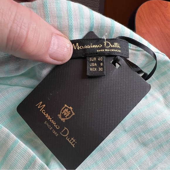 Massimo Dutti Blouse Pullover Top Off Shoulder Long Sleeve Teal Striped Sz US 8 - Picture 3 of 9